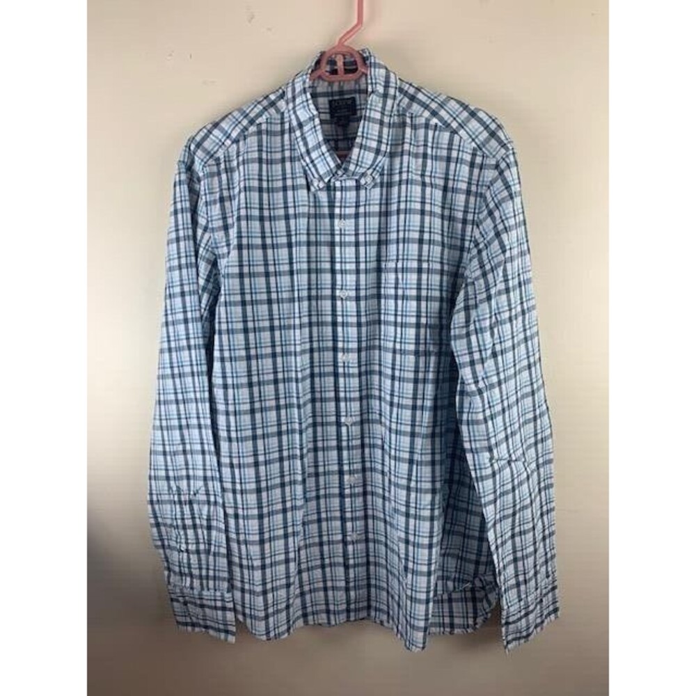 J Crew Size L Mens Shirt Flex Washed Classic Blue Plaid Long Sleeve Button Up